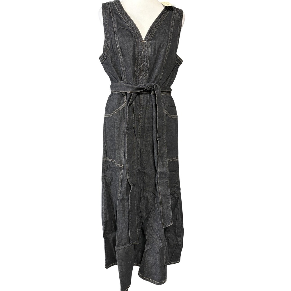 Sundance Poppy Dress Womens 12 Black Denim V Neck Belted Fit Flare Maxi 111396
